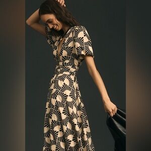 Anthropologie Katerina Button down Puff-Sleeve V-Neck Printed Maxi Dress Small